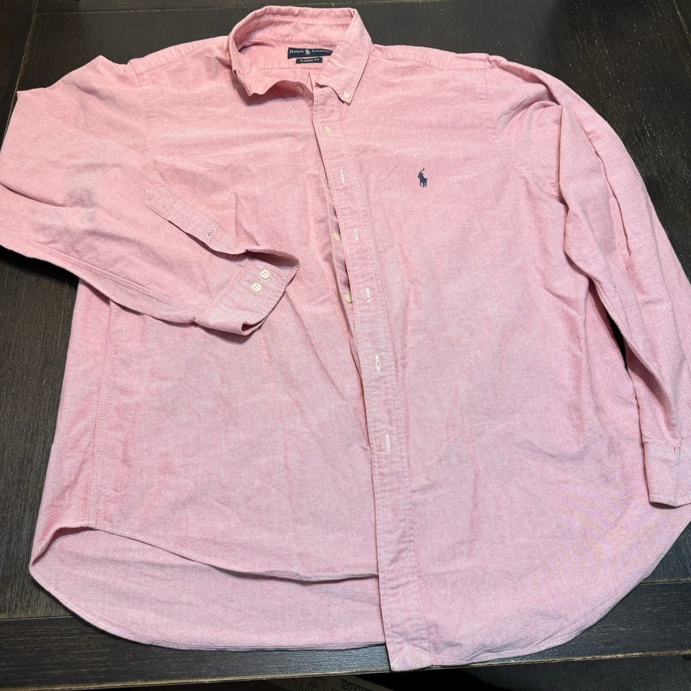Men's Pink Shirt Polo Ralph Lauren Long Sleeve Collared Button Up Size 17 36/37